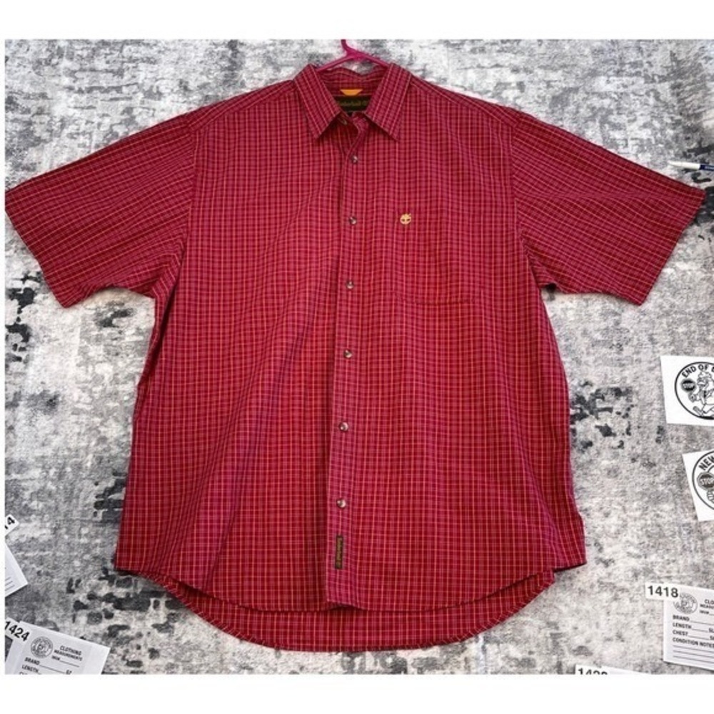 Timberland Red Yellow Gingham Plaid Short Sleeve Button Up‎ Shirt Mens XL